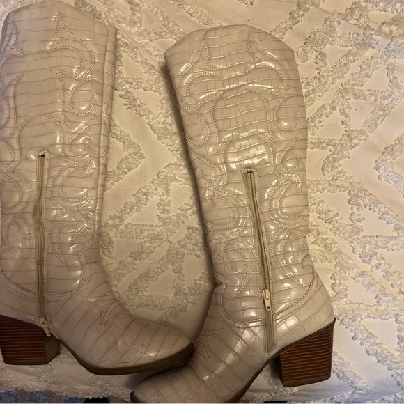 Cream Croc-Embossed Knee-High Boots - Picture 3 of 11